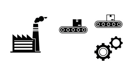 Modern factory icons depicting industry production processes with conveyor belts and gears for manufacturing and logistics concepts