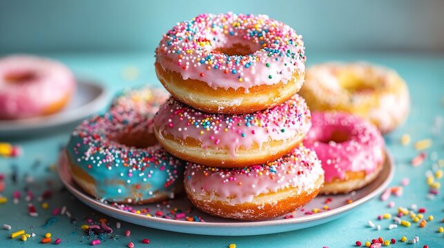 Delicious donuts with colorful sprinkles on a plate perfect for a sweet treat or dessert craving