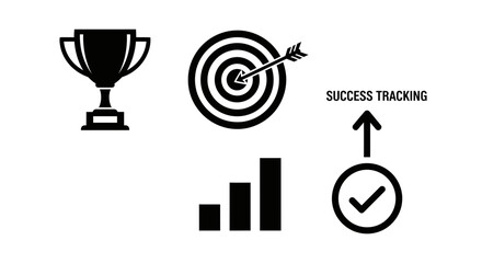 Achieve your goals with a trophy, target, and growth chart icons representing success tracking and progress.