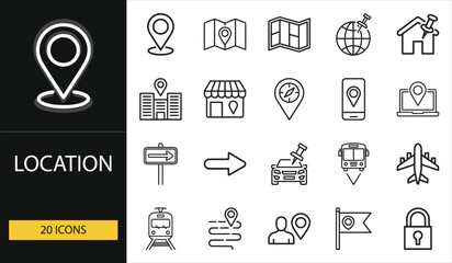 Location icons with map pins, GPS, and navigation tools. Great for travel, transport, mobile, and delivery app interfaces