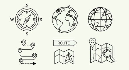 Fototapeta premium Navigate your next adventure with stunning compass, globes, route pins, and map icons for travel planning and global exploration inspiration.