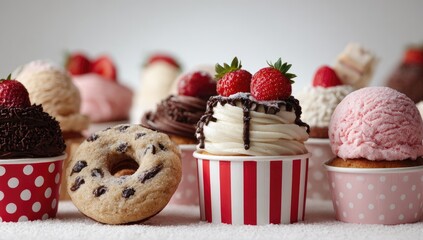 Assorted desserts in paper cups, adorned with fresh strawberries and chocolate