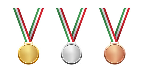 Gold, silver, and bronze medals. Realistic 3D award medals with ribbons, symbolizing first, second, and third place in sports, competitions, and athletic events. Vector illustration.