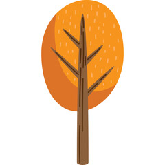 Stylized Autumn Tree with Orange Foliage and Brown Trunk on Transparent Background Flat Illustration
