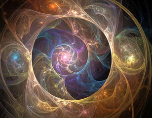 A vibrant fractal illustration featuring a swirling spiral structure, showcasing intricate lines and colorful patterns