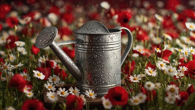 Metal watering can in a field of flowers - Powered by Adobe