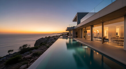 Modern luxury cliffside villa with stunning infinity pool overlooking the vast ocean at a breathtaking sunset, showing illuminated interior