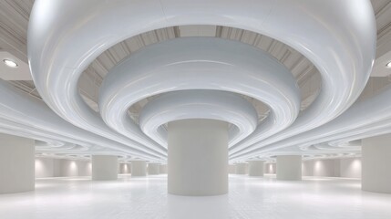 Fototapeta premium Empty room with a high ceiling that is made up of multiple white columns. the columns are arranged in a spiral pattern, creating a sense of depth and dimension.