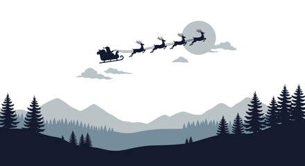 Silhouette of santa claus and his reindeer flying over a snowy mountain landscape at night © Kuntol02