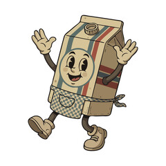 Cartoon Milk Carton Character with Smiling Face and Apron.