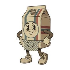 Vintage cartoon milk carton character with a friendly smile and apron.