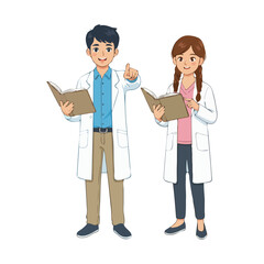 Two Scientists in Lab Coats Holding Books and Pointing.