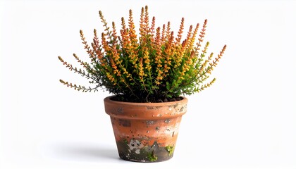 A vibrant potted plant with colorful blooms set against a clean white backdrop