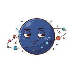 Sleepy cartoon blue planet with orbiting rings and stars a cute celestial illustration.
