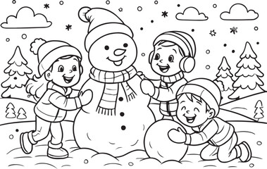 Happy Children Building a Snowman in a Joyful Snowy Winter Landscape black and white outline vector illustration