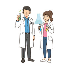 Cartoon Scientists Holding Test Tubes with Chemical Reactions.