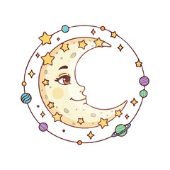 Adorable celestial illustration of a crescent moon with a face encircled by a planetary orbit.