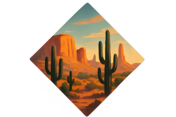 Desert landscape with saguaro cacti and sandstone formations at sunset, western nature scene illustration, transparent background