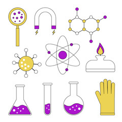 Science and chemistry icon set with laboratory equipment — flasks, test tubes, molecules, atom, magnet, burner, virus, and protective glove in minimalist flat style. Educational vector illustration