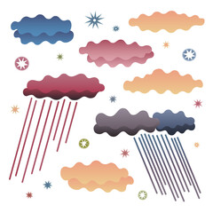 Vector set of abstract gradient clouds, raindrops, and stars in warm and cool tones. Modern minimal weather clipart for posters, patterns, prints, and creative design projects