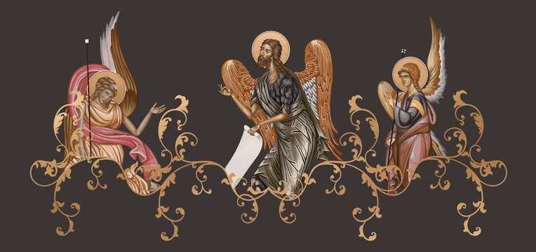 John Baptist, Saint John the Forerunner, John the Immerser, Prophet Yahya, John the Baptizer. Decorative vintage border with angels, illustration in Byzantine style