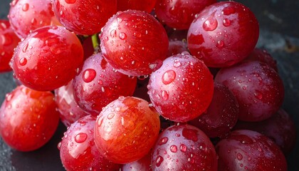 Close-up of fresh red grapes with water droplets, showing detail and texture