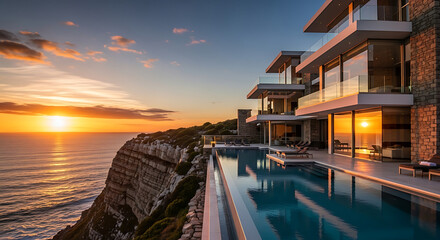 Luxury cliffside villa with infinity pool overlooking the ocean at a vibrant orange sunset, modern architecture design.