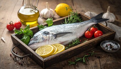 Freshly prepared seafood on a wooden tray with herbs and lemon slices for a gourmet meal