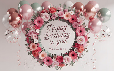 Obraz premium floral Happy Birthday wreath with bright lighting. Great for greeting card