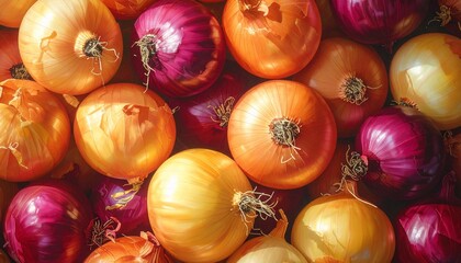 A vibrant assortment of various onion types creating a textured and appetizing composition