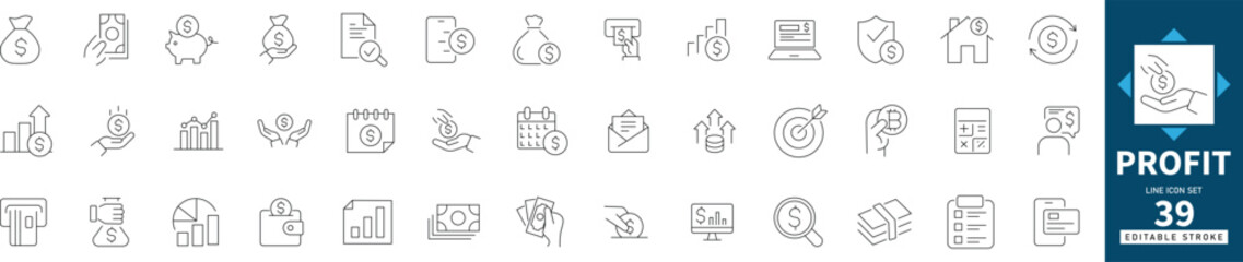 Profit icon set featuring money, finance, growth, investment, and income concepts. Editable line vector illustration for business, banking, and management design.