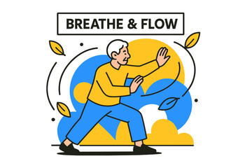 Tai Chi Tranquility. Old age ? Morning tai chi. Slow sweeping arms in soft sunlight; falling leaves turn into calm vector arcs. A quiet banner reads ?BREATHE &