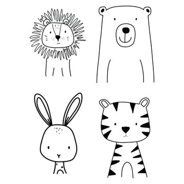 The image is a set of four black and white drawings of animals, including a lion, a bear, a rabbit, and a tiger. The drawings are of various sizes and are arranged in a grid-like pattern