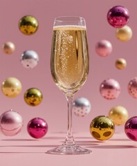 Festive champagne glass surrounded by floating metallic holiday ornaments on a soft pink background. Sparkling bubbles and vibrant baubles create a chic, modern celebration mood perfect for holidays