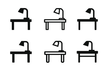 Minimalist Workspace Logos. Tidying workspace. Icon set. Set Logo of tidying workspace: minimalist desk setup with lamp. harmonious logo variations of the same
