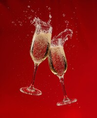 Two sparkling champagne glasses clink against a bold red background, splashing bubbles in a festive celebration moment. Perfect for New Year, holiday parties, toasts, and elegant luxury events.
