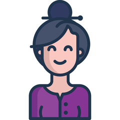 Stylized Cartoon Portrait of a Smiling Woman with Dark Hair in a Purple Top and Traditional Hair Bun on a Transparent Background