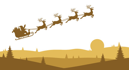Silhouette of santa claus and his reindeer flying through the sky over a winter landscape at dusk © Kuntol02