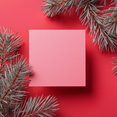 Minimal festive composition with a pink square frame surrounded by winter pine branches on a bold red background. Modern holiday design perfect for Christmas branding, greeting cards, and seasonal pro