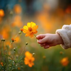 Child Hand Holding Bright Yellow Flower in Field of Blossoms