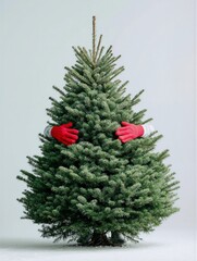 Playful holiday moment with bright red mittens hugging a Christmas tree. Festive, fun, and cozy winter vibes celebrating joy, warmth, and the spirit of the season in a minimalist setting.