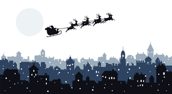 Santa claus and reindeer silhouette flying over a dark city skyline under a large full moon - Powered by Adobe