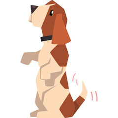 Stylized Cartoon Dog Standing Upright Begging Motion Tail Wagging Isolated on White Background Simple Geometric Illustration