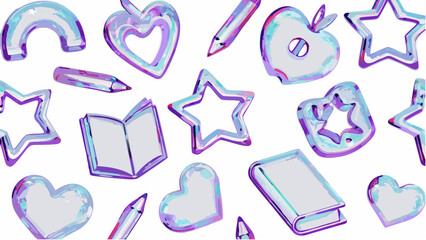 Fototapeta premium A pattern of iridescent school supplies including books pencils apples hearts and stars on white background silhouette