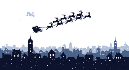 Santa claus flying in his sleigh pulled by reindeer over a silhouetted city skyline at night with a full moon © Kuntol02