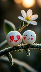 Smiling cartoon balls with heart eyes on branch beside flower  
