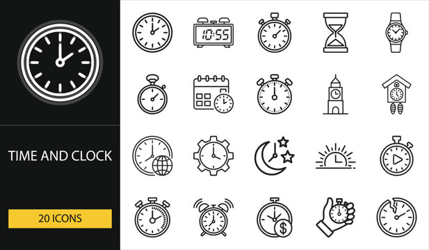 Time and clock icon set featuring watches, calendars, timers, and hourglasses. Ideal for productivity, scheduling, and time management visuals.