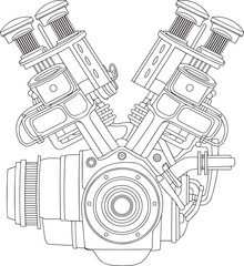 High-Detail Mechanical V8 Engine Diagram – Technical Vector Line Art Illustration