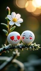 Two smiling emoji balls with hearts on branch near flower  