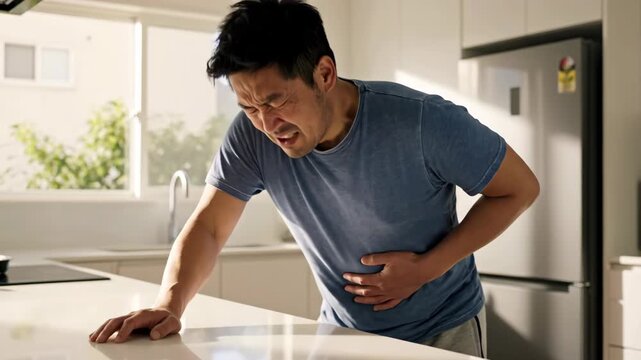 Asian man experiencing stomach ache in domestic kitchen. Gastric discomfort and abdominal pain concept.